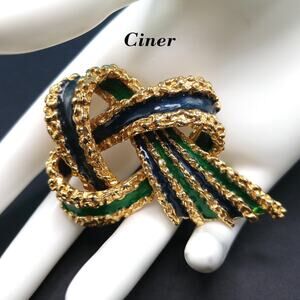 Vintage Ciner Blue Green Enamel Ribbon Brooch Textured Gold Signed 1960s